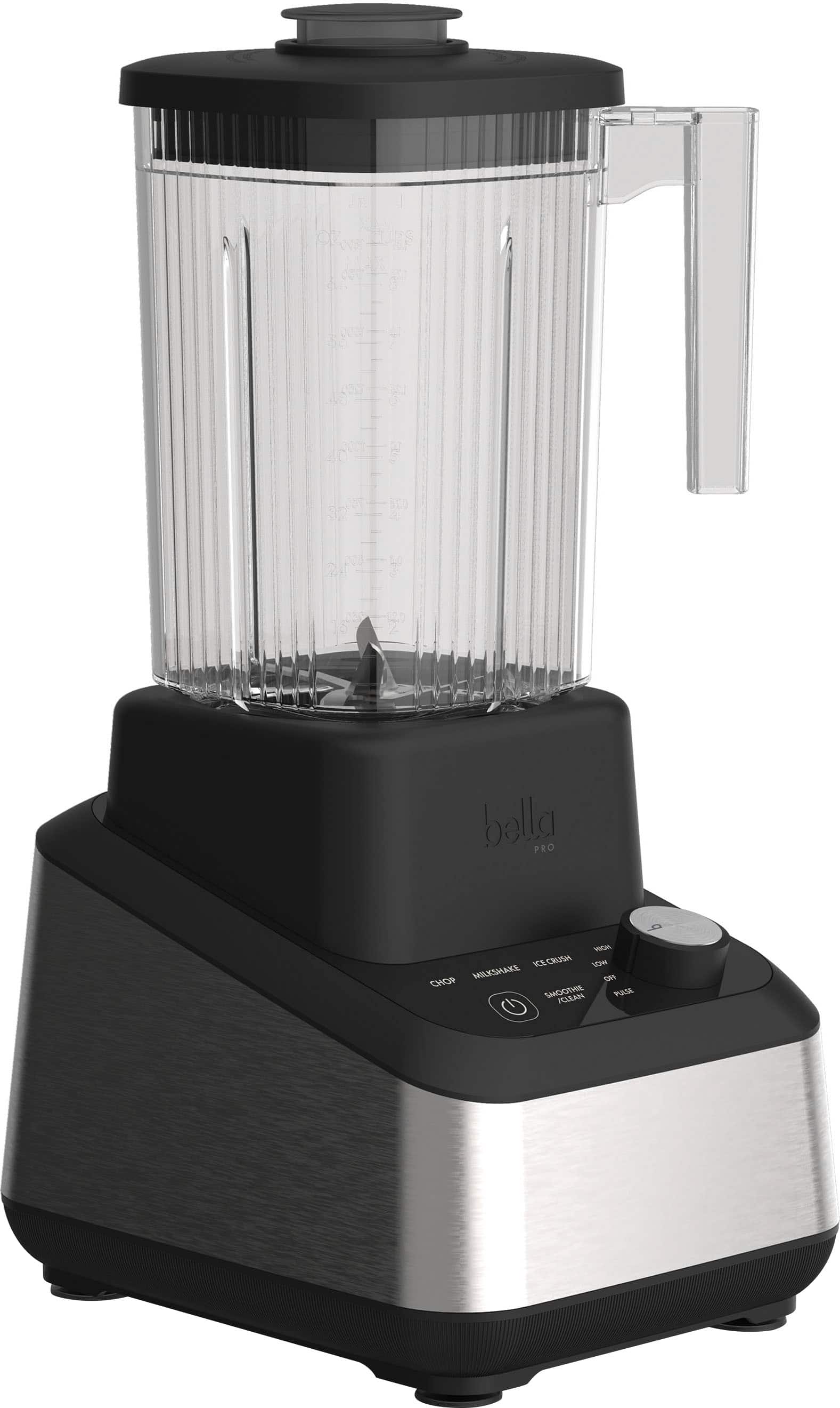 The image features a Bella Pro High-Speed Blender, which is a versatile appliance designed for chopping, mixing, and blending various ingredients. The blender is made of stainless steel and has a clear glass container, allowing users to see the contents inside. The blender is equipped with a powerful motor and a blade assembly, making it suitable for crushing ice, blending smoothies, and preparing soups or sauces. The blender is also equipped with a lid and a handle for easy operation and storage.