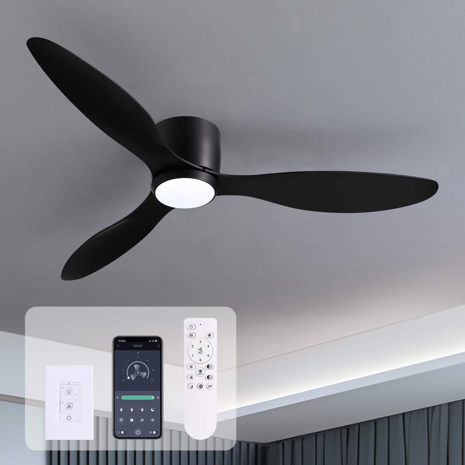 Siljoy - 52 Inch Low Profile Flush Mount Ceiling Fan with Wall Control and Remote,Dimmable,DC Reversible Motor for Bedroom Indoor - Black