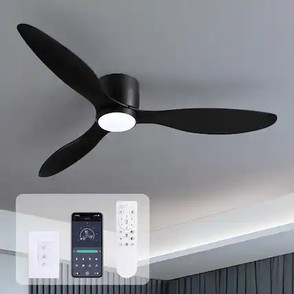 Front. Siljoy - 52 Inch Low Profile Flush Mount Ceiling Fan with Wall Control and Remote,Dimmable,DC Reversible Motor for Bedroom Indoor - Black.