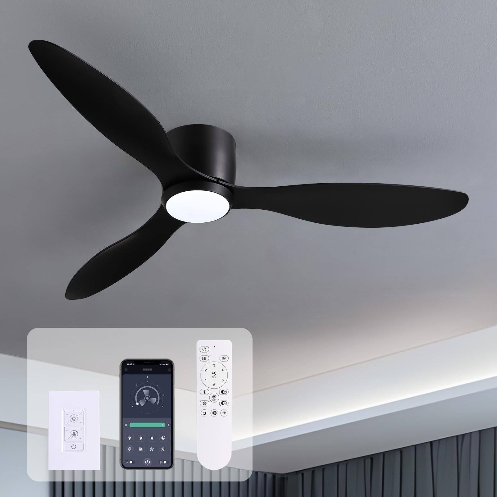 Siljoy - 52 Inch Low Profile Flush Mount Ceiling Fan with Wall Control and Remote,Dimmable,DC Reversible Motor for Bedroom Indoor - Black