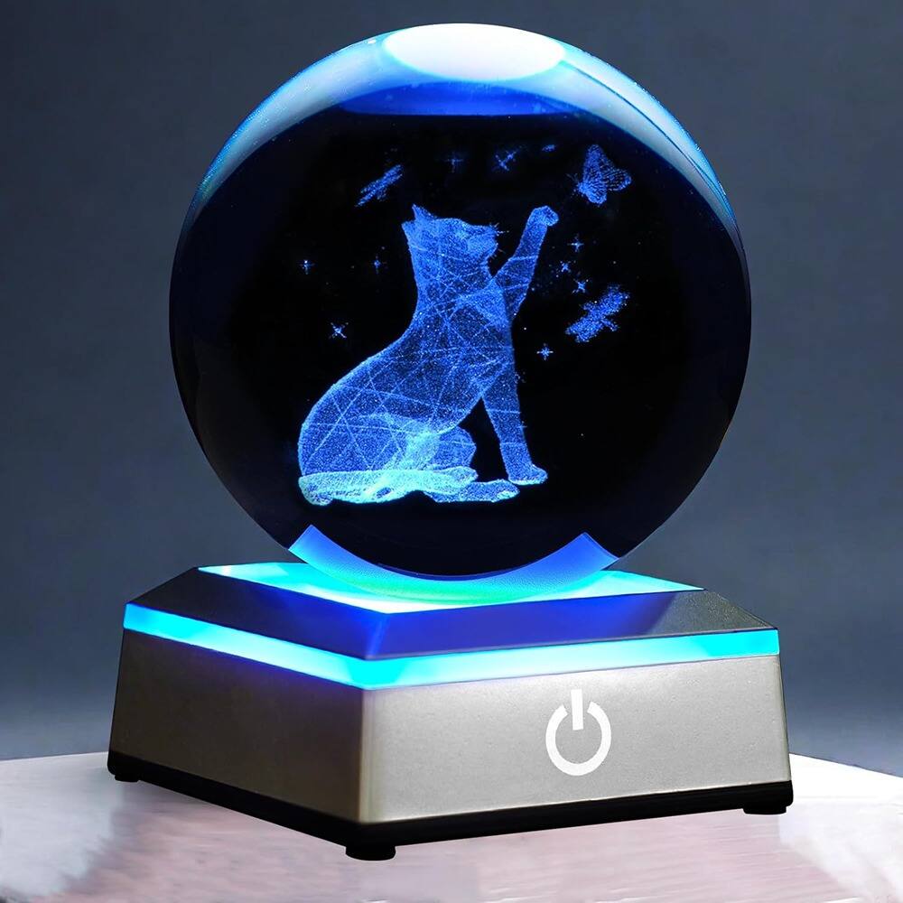 Schertz - 3D Crystal Ball Night Light - LED Touch Base, Cat Figurine, Gift for Cat Lovers