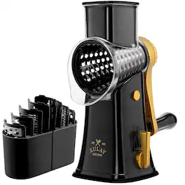 Zulay Kitchen - Rotary Cheese Grater 5 Blade Cheese Shredder with Reinforced Suction & 5 Interchangeable Drums - Black/Gold