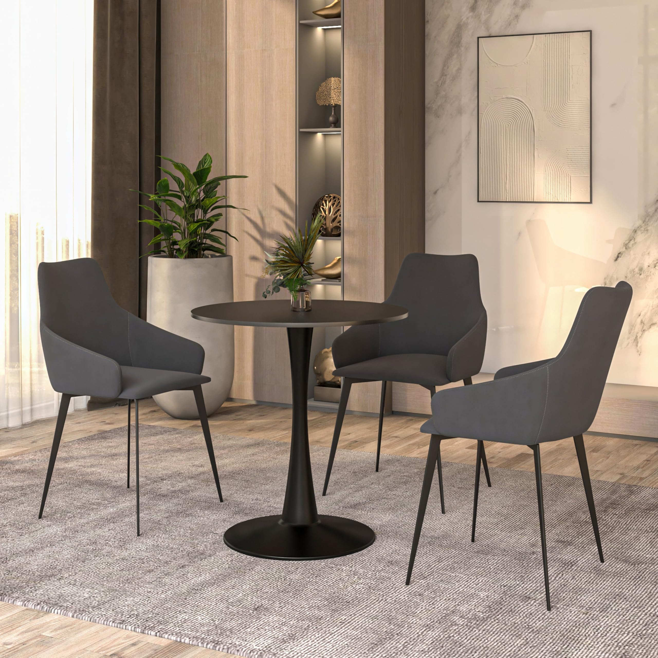 Left. LeisureMod - Bristol 27" Round Dining Table Modern MDF Tabletop, Black Steel Pedestal Base Accent Table for Kitchen & Small Spaces - Black.