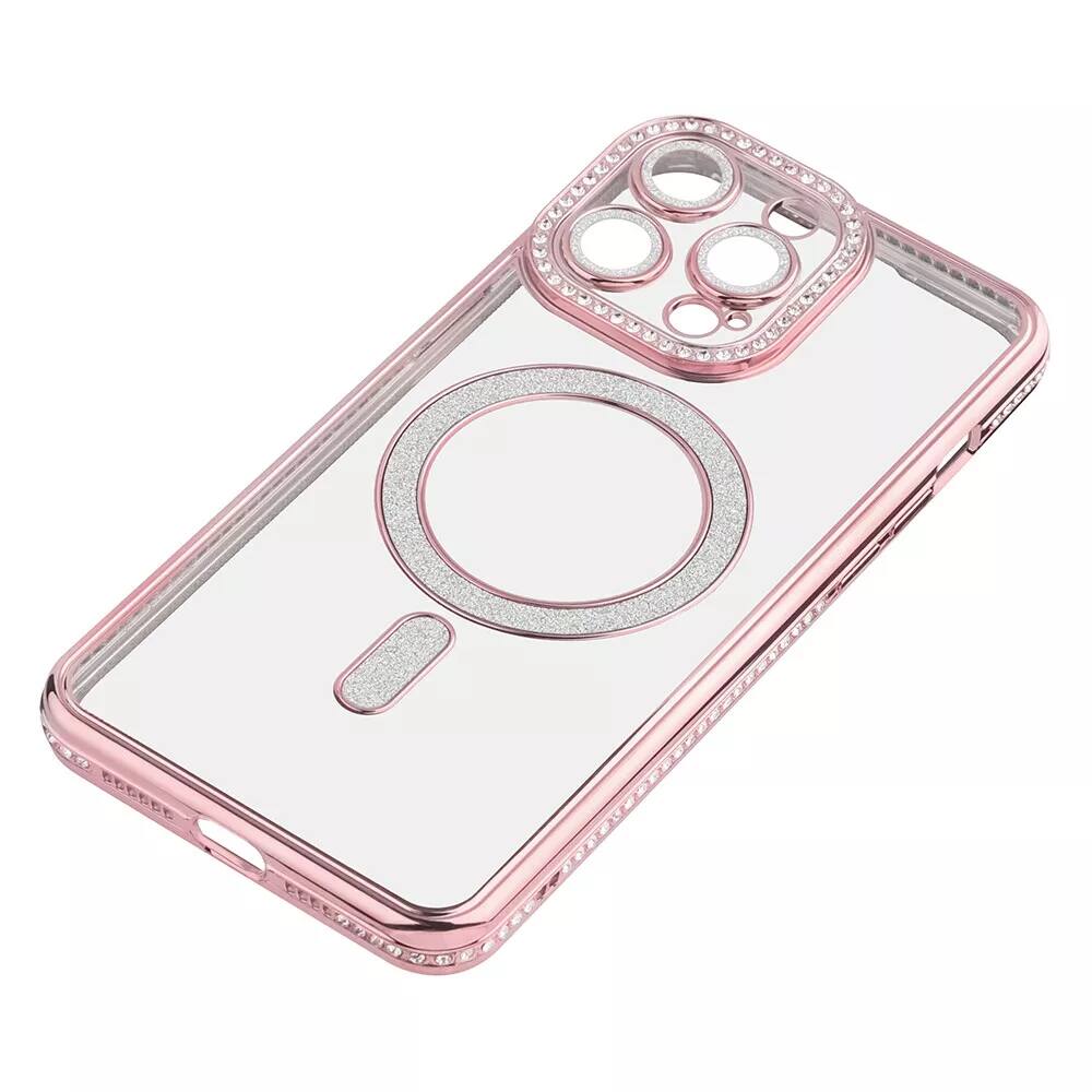 Alt View 1. Entronix - Entronix Magnetic Case for iPhone 15 Pro - Clear Back with Luxury Rhinestones - Rose Gold.