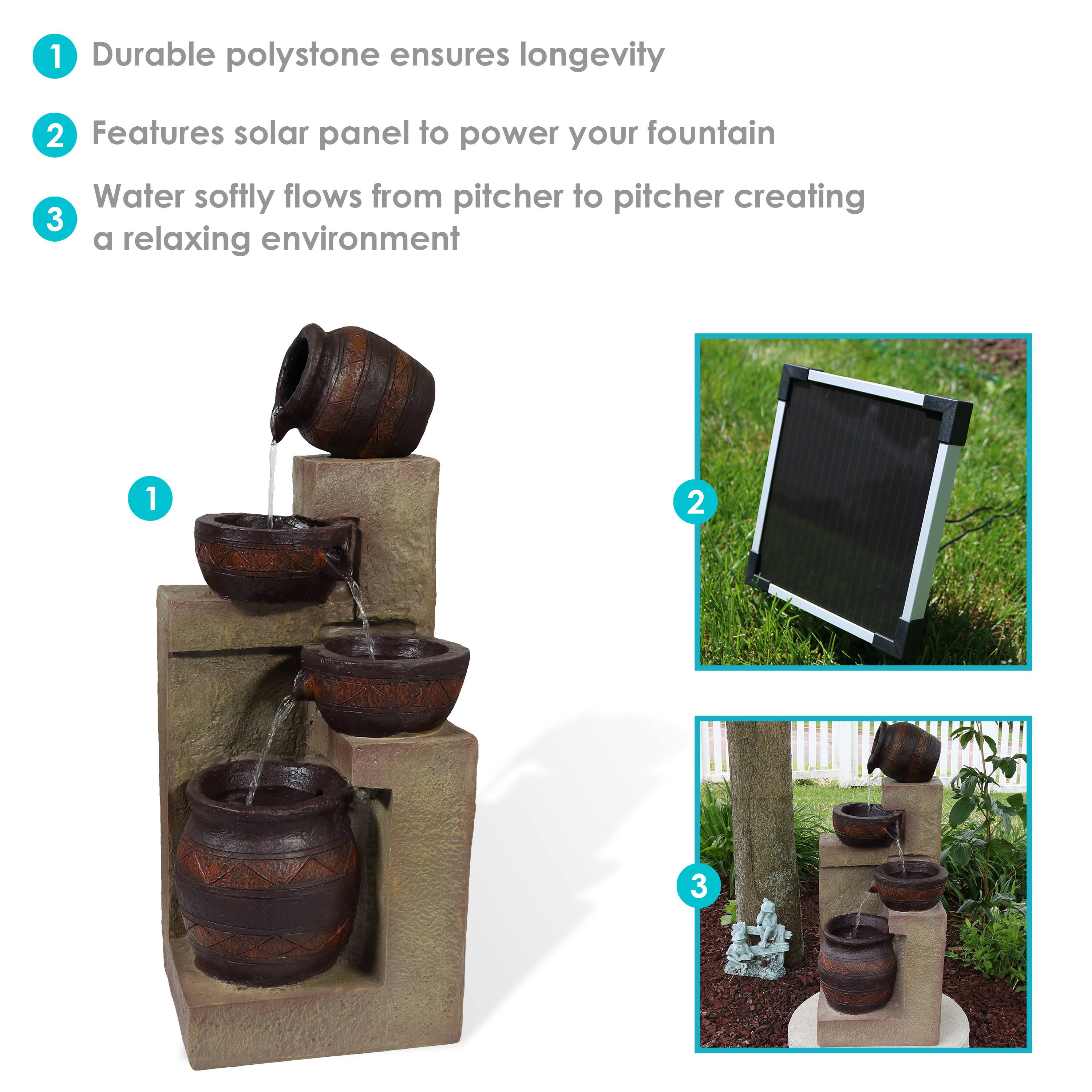 1. Durable polystone ensures longevity  
2. Features solar panel to power your fountain  
3. Water softly flows from pitcher to pitcher creating a relaxing environment