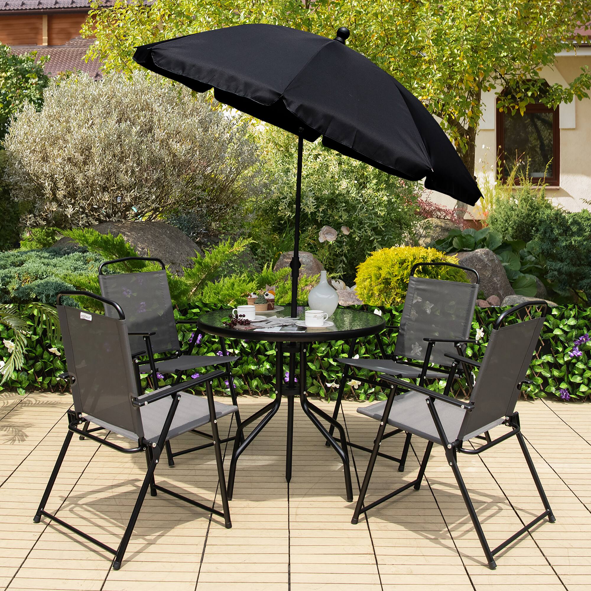 Alt View 2. Gymax - Gymax 6PCS Patio Garden Dining Set w/ Round Table & 4 Folding Chairs &  Umbrella - Grey + Black.