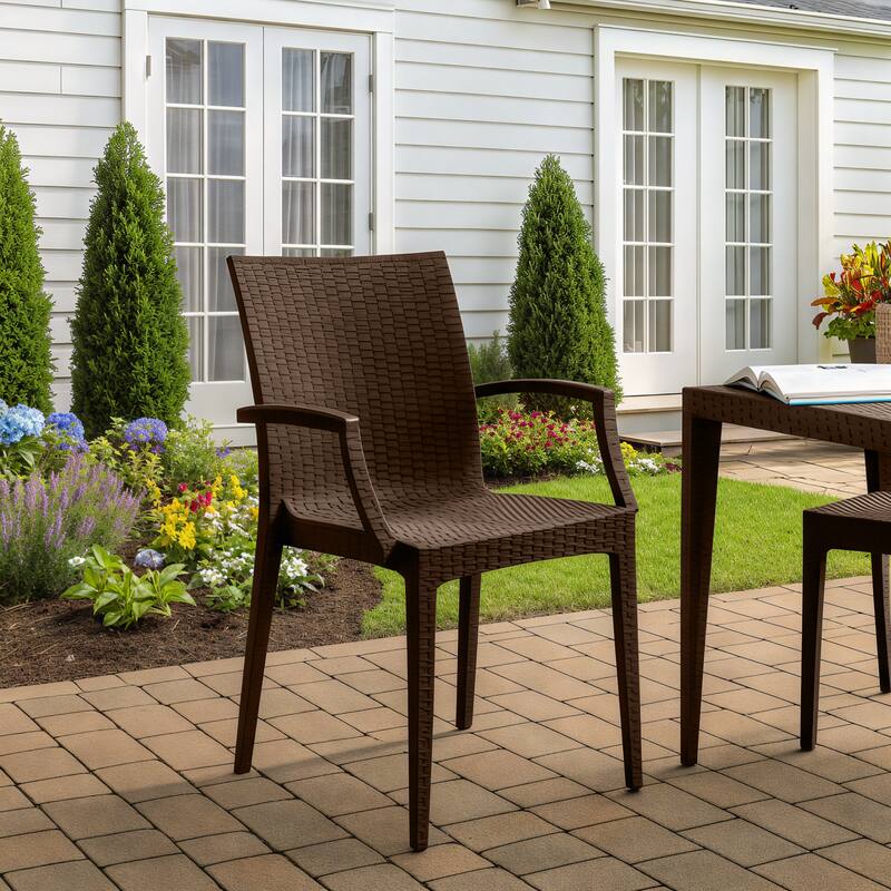 Angle. LeisureMod - Mace 4-Pieces Modern Woven Pattern Dining Chairs - Waterproof Stackable Indoor Outdoor Patio Chairs - Brown.