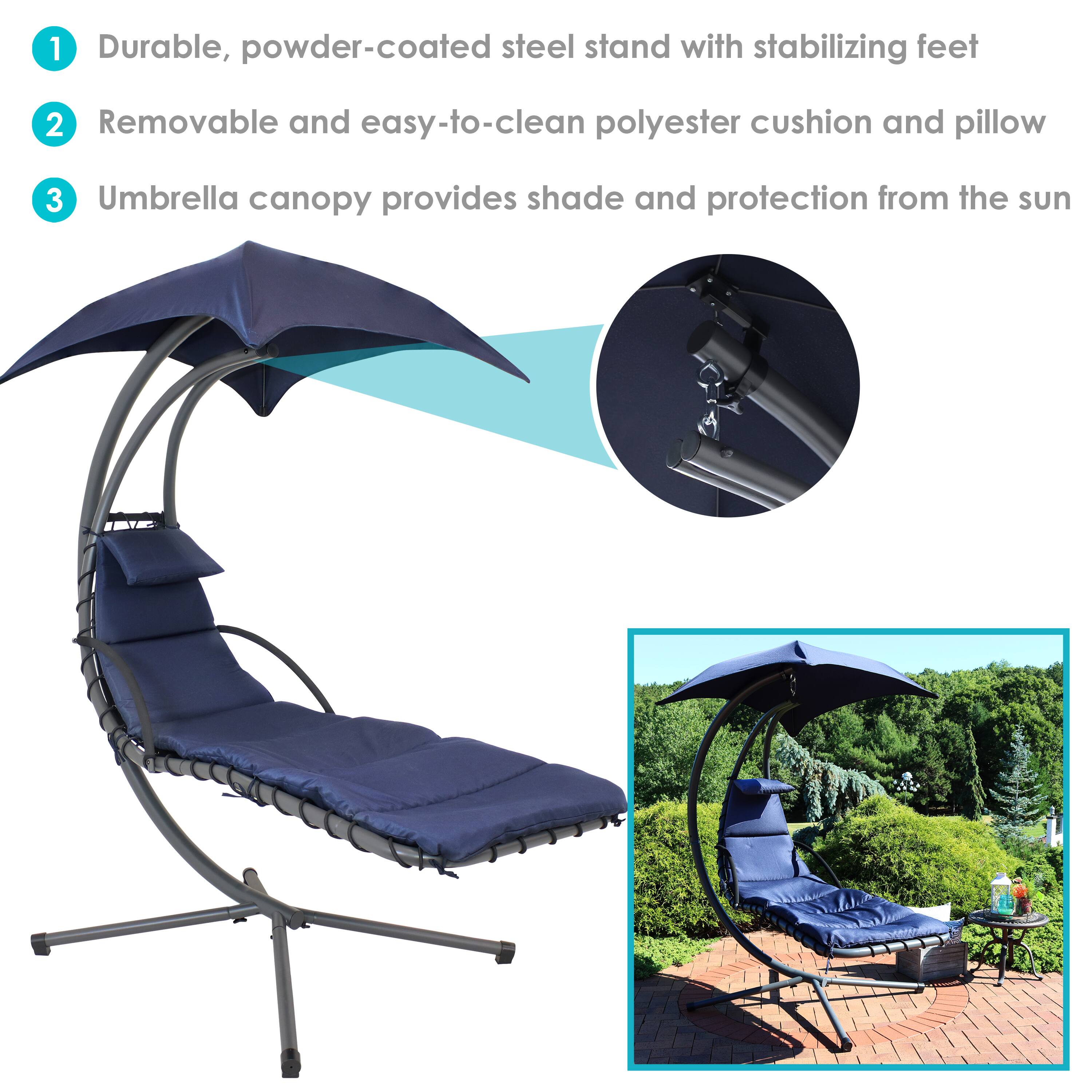1. Durable, powder-coated steel stand with stabilizing feet  
2. Removable and easy-to-clean polyester cushion and pillow  
3. Umbrella canopy provides shade and protection from the sun
