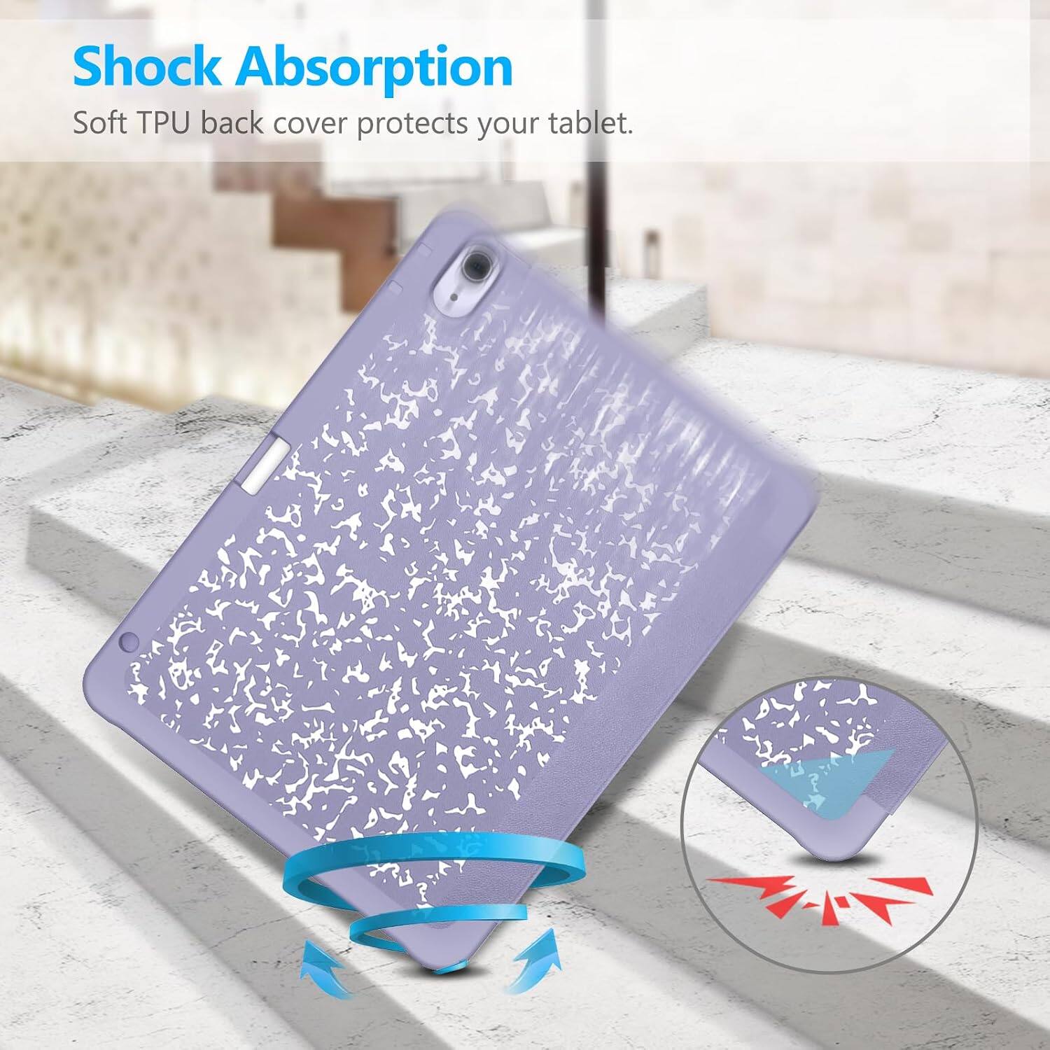 Shock Absorption  
Soft TPU back cover protects your tablet.