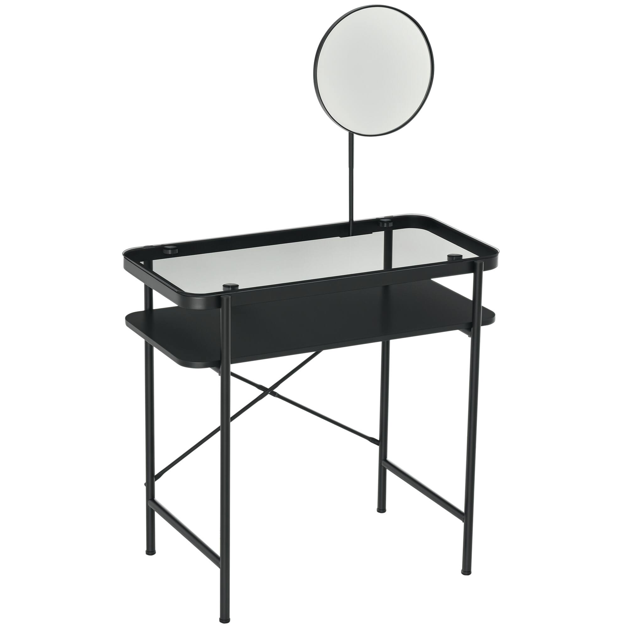 Front. Homcom - Modern Glasstop Vanity Table with Mirror, Makeup Dressing Table with Rotating Round Mirror & Shelves (Perfumes) - black.