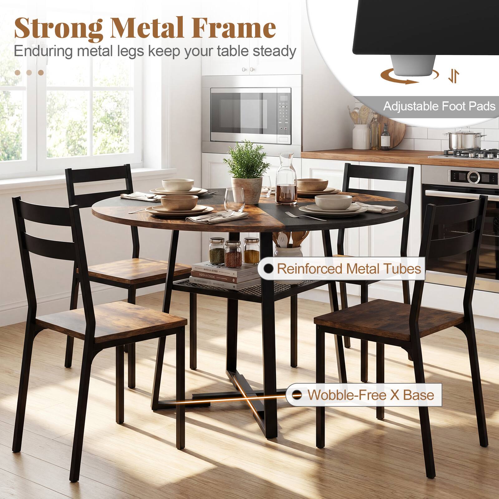 Strong Metal Frame  
Enduring metal legs keep your table steady

Adjustable Foot Pads

Reinforced Metal Tubes

Wobble-Free X Base