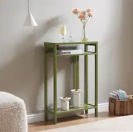 Kings Brand Furniture - Bisbee Wood Console Table with 2 Open Storage Shelves - Avocado