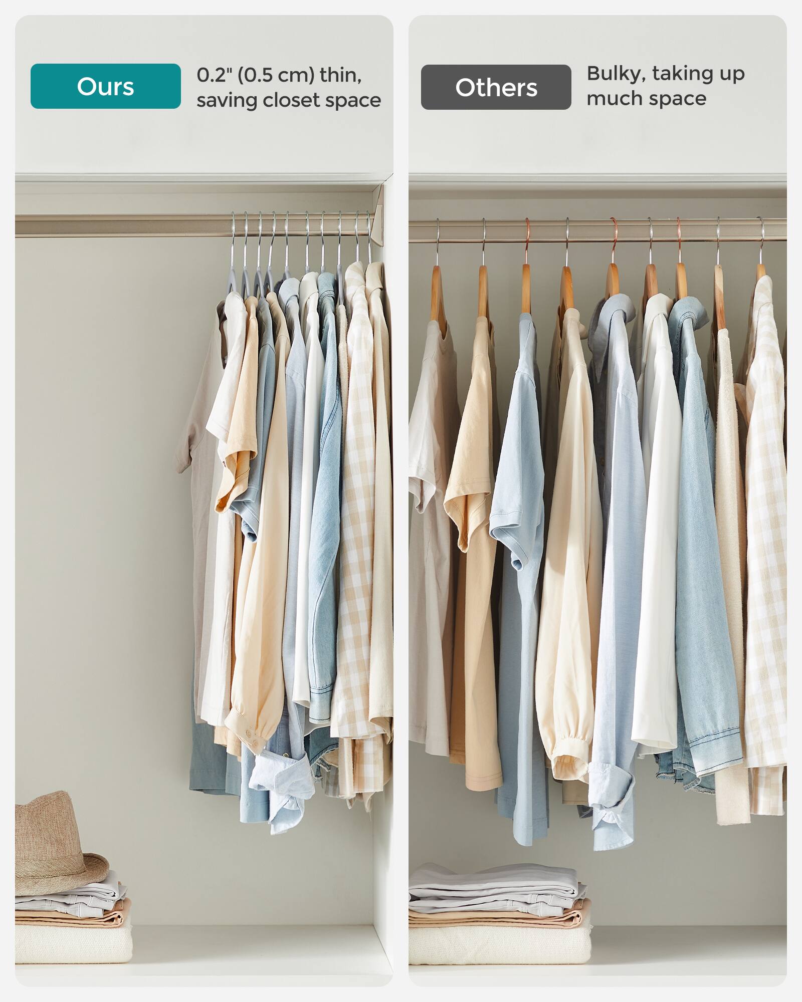 Ours 0.2" (0.5 cm) thin, saving closet space  
Others Bulky, taking up much space