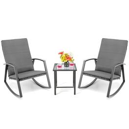 Pefilos - 3 Pieces Patio Rattan Rocking Furniture Set, Deluxe Outdoor Patio with Table Deck - Gray