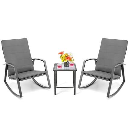 Front. Pefilos - 3 Pieces Patio Rattan Rocking Furniture Set, Deluxe Outdoor Patio with Table Deck-Gray - Gray.