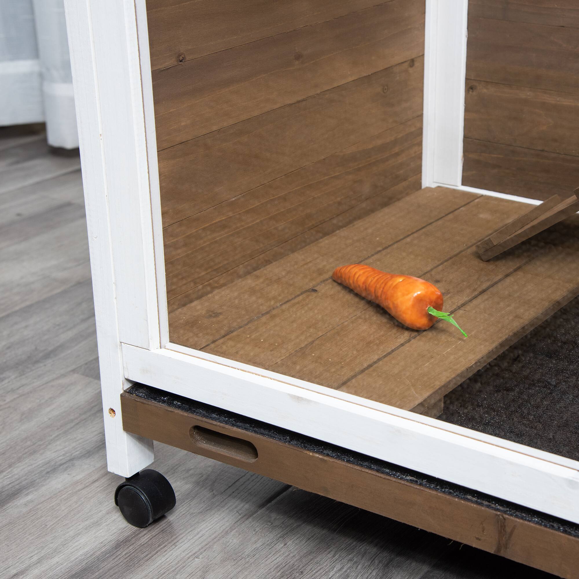 Alt View 4. Pawhut - Rabbit Hutch with Wheels, Desk and Side Table Sized, Wooden, Waterproof, Removable Tray, Openable Roof.