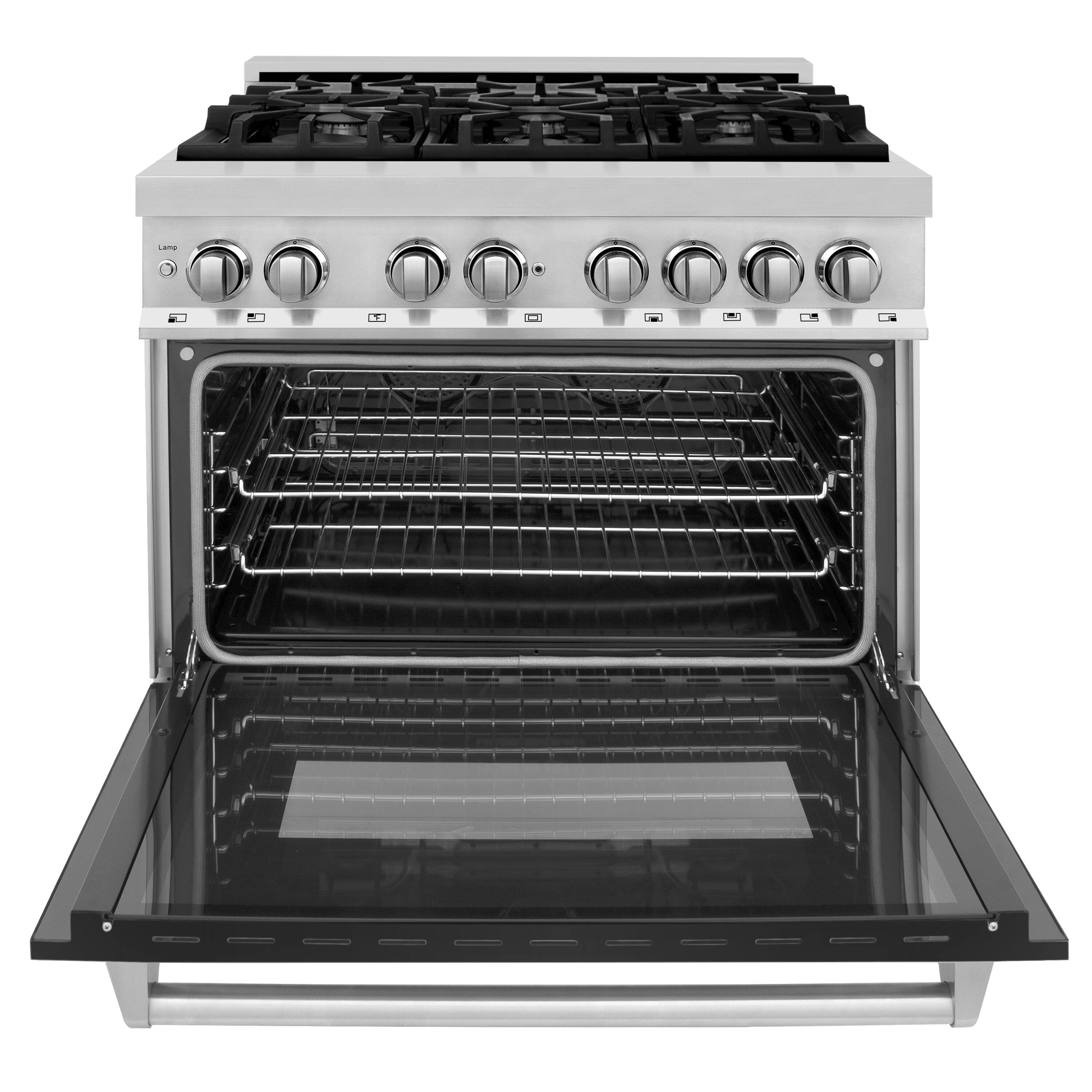 Left. ZLINE - 36" Legacy Dual Fuel Range with 6 Burner Cooktop and Electric Oven (RA-BLM-36) - Satin Steel/White.