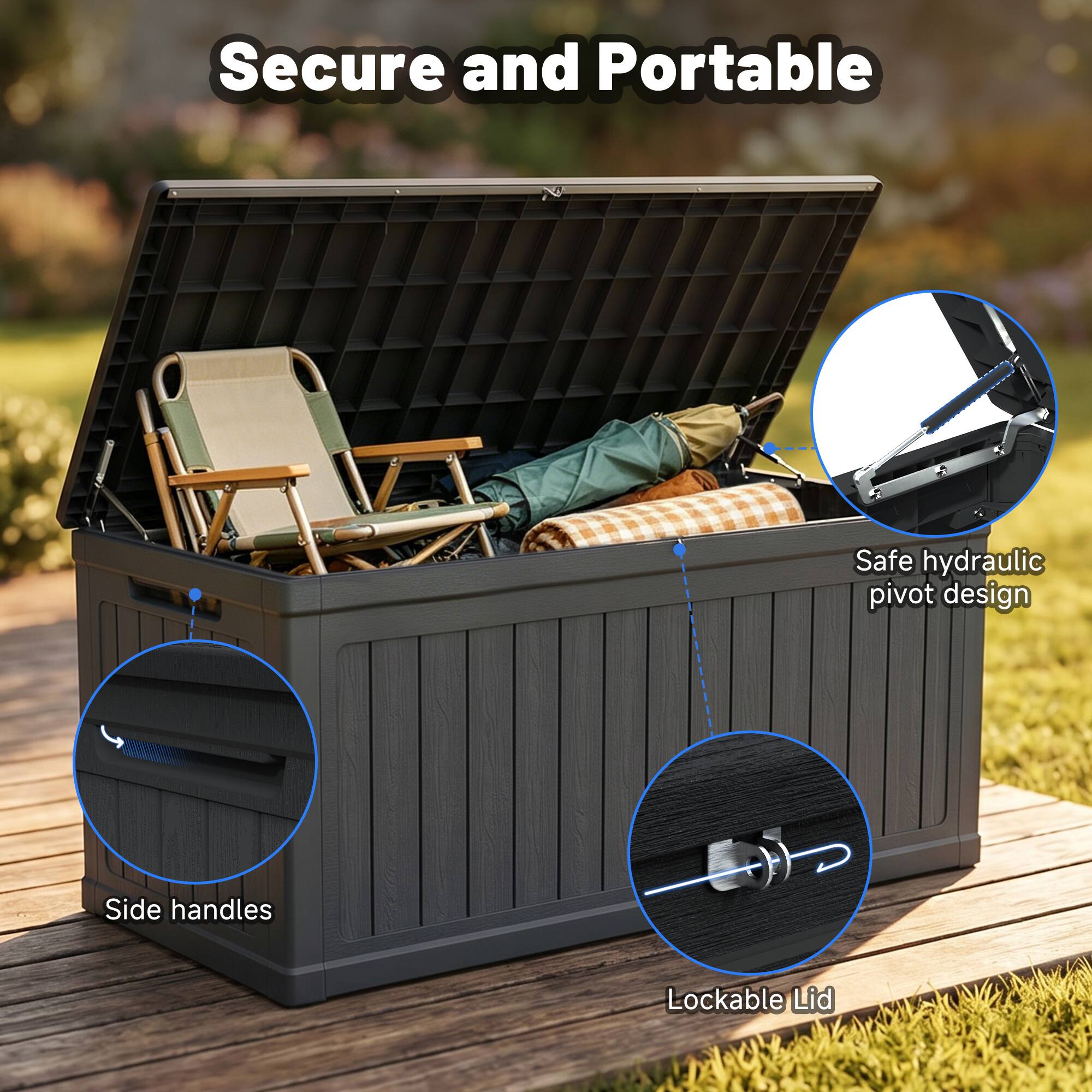 Secure and Portable  
Safe hydraulic pivot design  
Side handles  
Lockable Lid