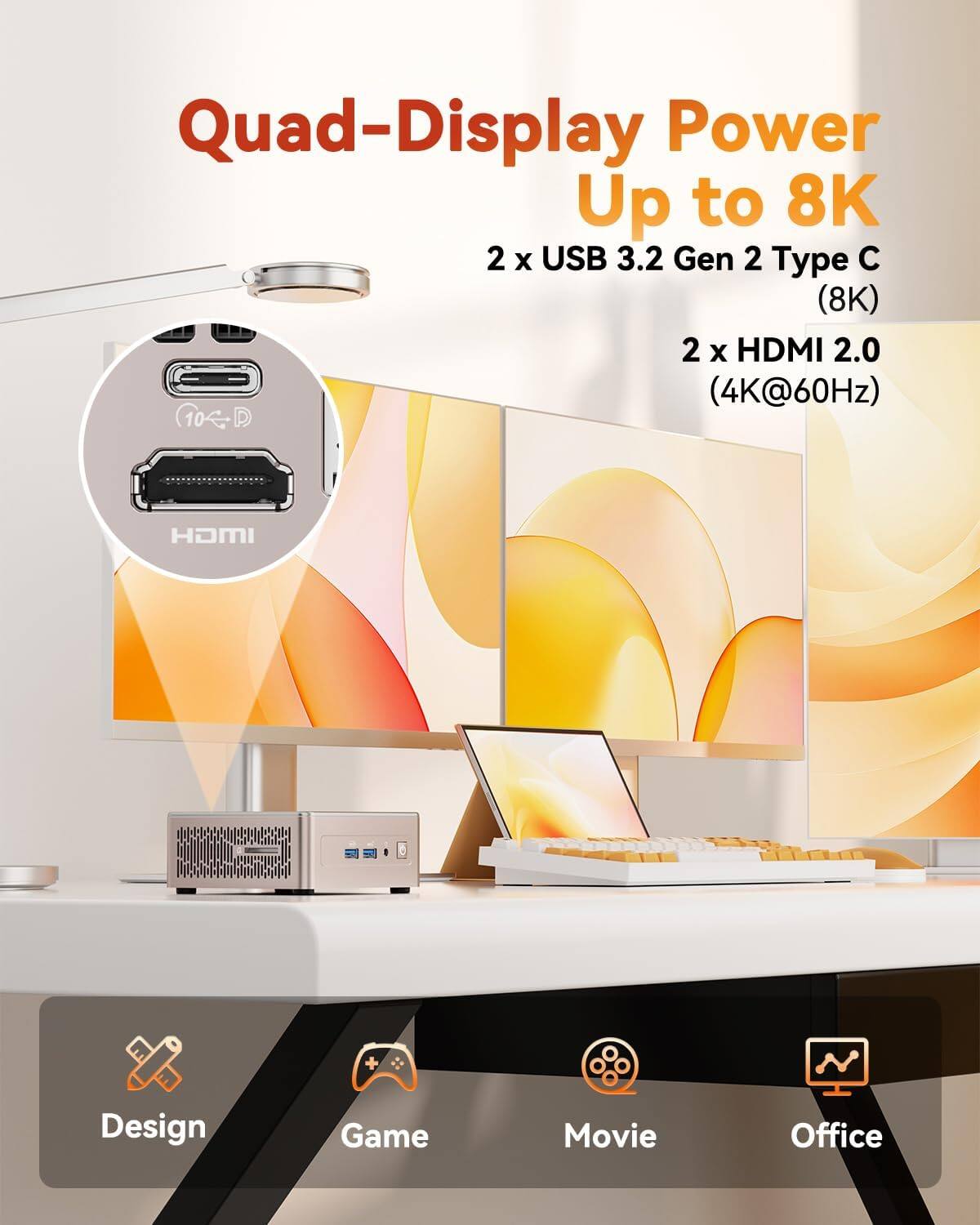 Quad-Display Power Up to 8K  
2 x USB 3.2 Gen 2 Type C (8K)  
2 x HDMI 2.0 (4K@60Hz)  

Design Game Movie Office
