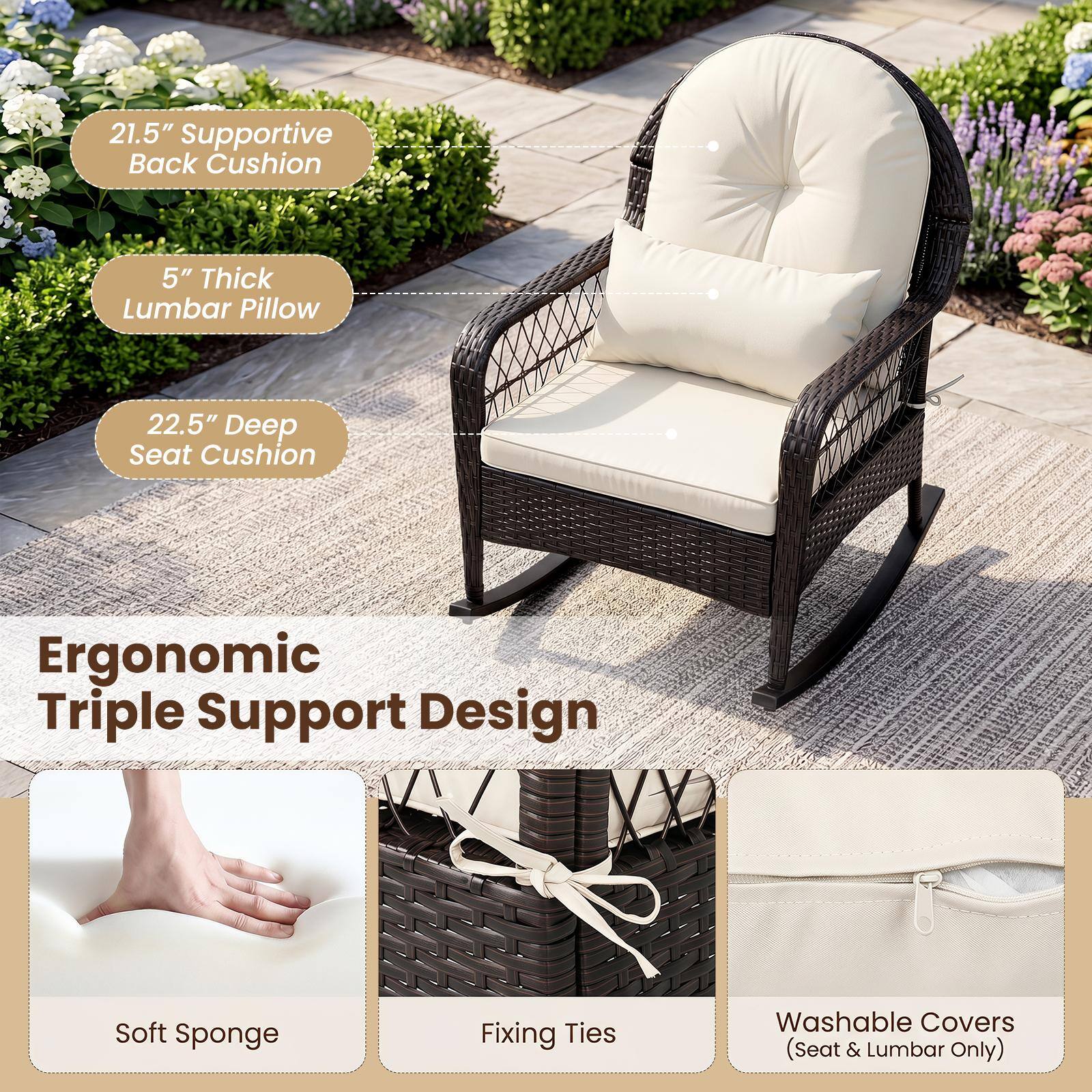 21.5" Supportive Back Cushion  
5" Thick Lumbar Pillow  
22.5" Deep Seat Cushion  
Ergonomic Triple Support Design  
Soft Sponge  
Fixing Ties  
Washable Covers (Seat & Lumbar Only)