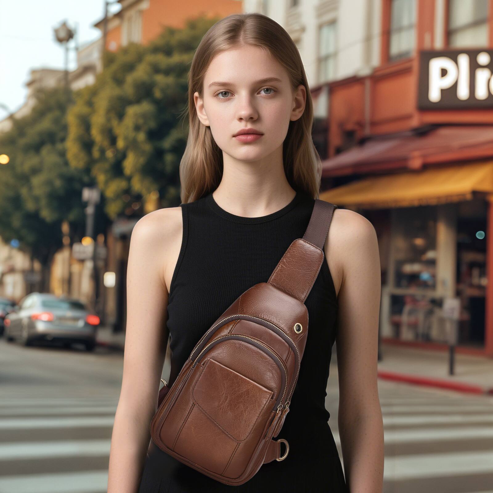 Alt View 5. Unique Bargains - Full-Grain Leather Sling Bag for Men Women Vintage Multi-Pocket Crossbody Bag with Concealed Carry Compartment - Light Brown.