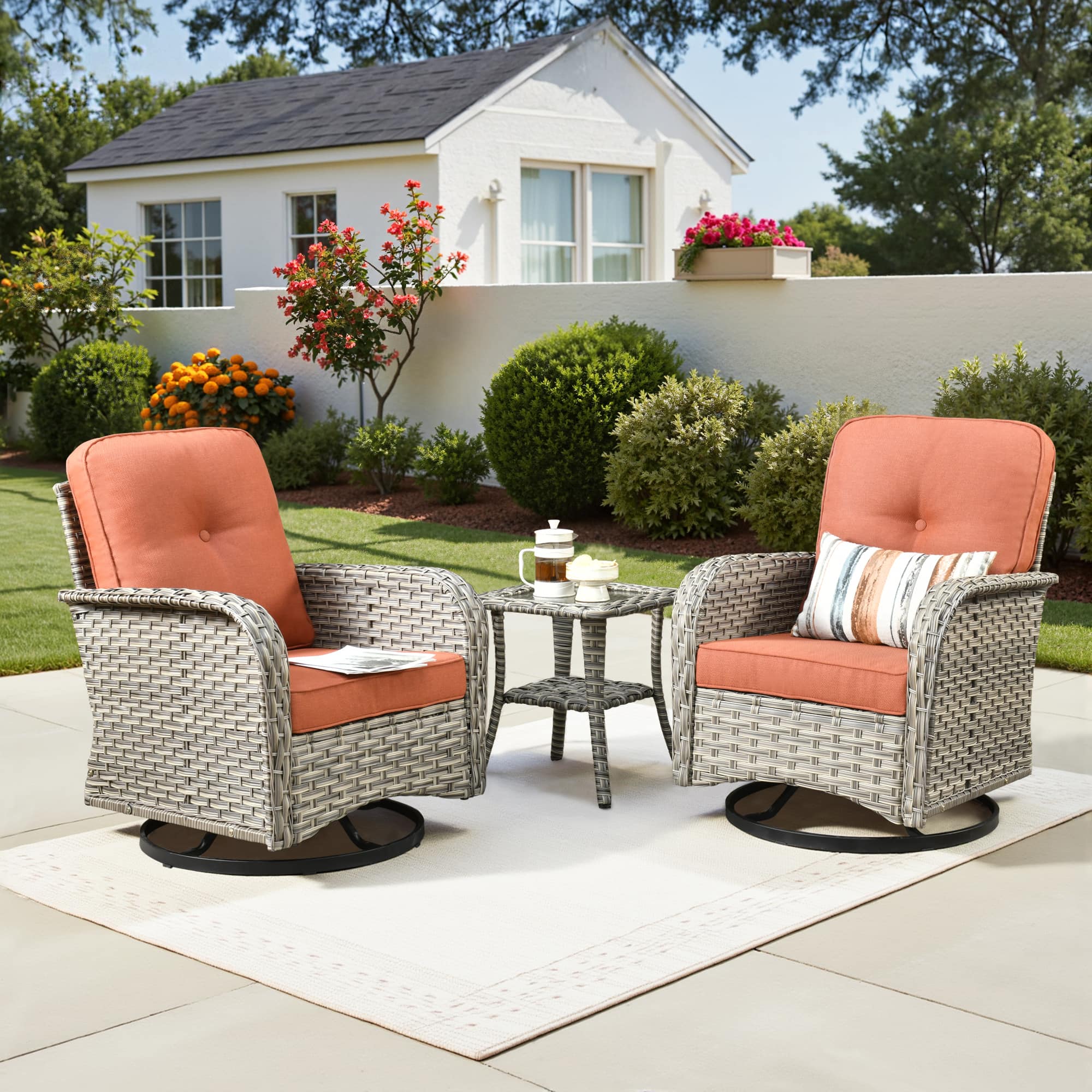 Photos - Garden Furniture Patio Ovios - 3 PCS  Rocker Set, Wicker Rocking Chairs, Rattan Swivel Chairs with Side Table - Coarse Orange Red VNC80C-3 