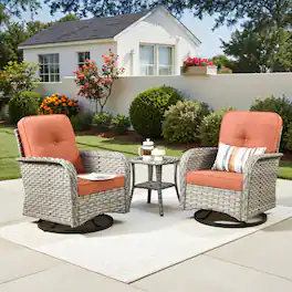 Ovios - 3 PCS Patio Rocker Set, Wicker Rocking Chairs, Rattan Swivel Chairs with Side Table - Coarse Orange Red