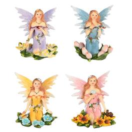 FC Design - 4-PC Fairy Sitting on Flower Bed 4"H Figurine Set Office Desk Tabletop Home Decor Gift - Multi-Color