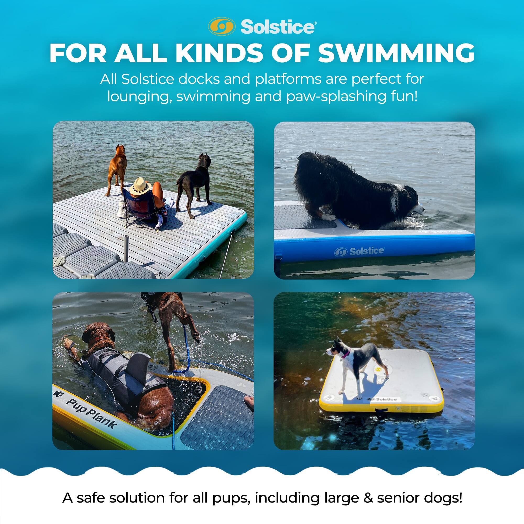 Solstice  
FOR ALL KINDS OF SWIMMING  

All Solstice docks and platforms are perfect for lounging, swimming and paw-splashing fun!  

Solstice Pup Plank - A safe solution for all pups, including large & senior dogs!