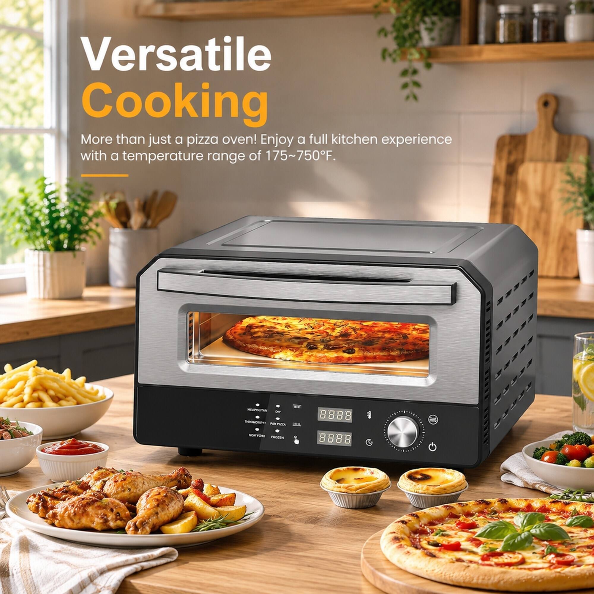 Versatile Cooking  
More than just a pizza oven! Enjoy a full kitchen experience with a temperature range of 175~750°F.  

MEAPOLITAN Only PROTIMMENT PAN PEA 211  
t =  
NEW YOUR PRODEN  
8 2