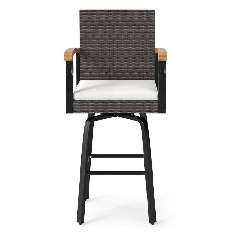 Back. Mondawe - Outdoor 360° Swivel Bar Stool with Cushion and Acacia Wood Armrests - Brown.