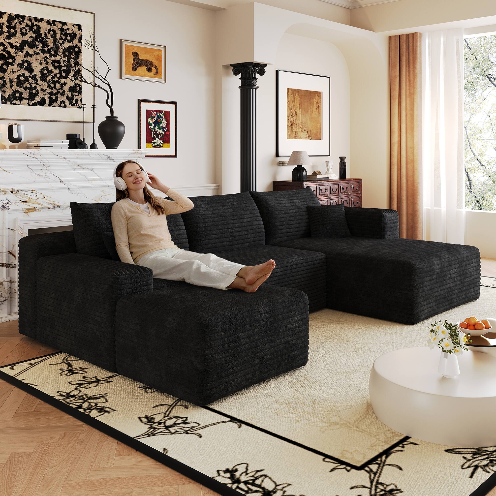 Alt View 4. Meqiodas - Modular Sectional Sofa, L Shaped Could Couch with Ottoman, Wide Deep Seat Comfy Couch for Living Room, Bedroom - Black.