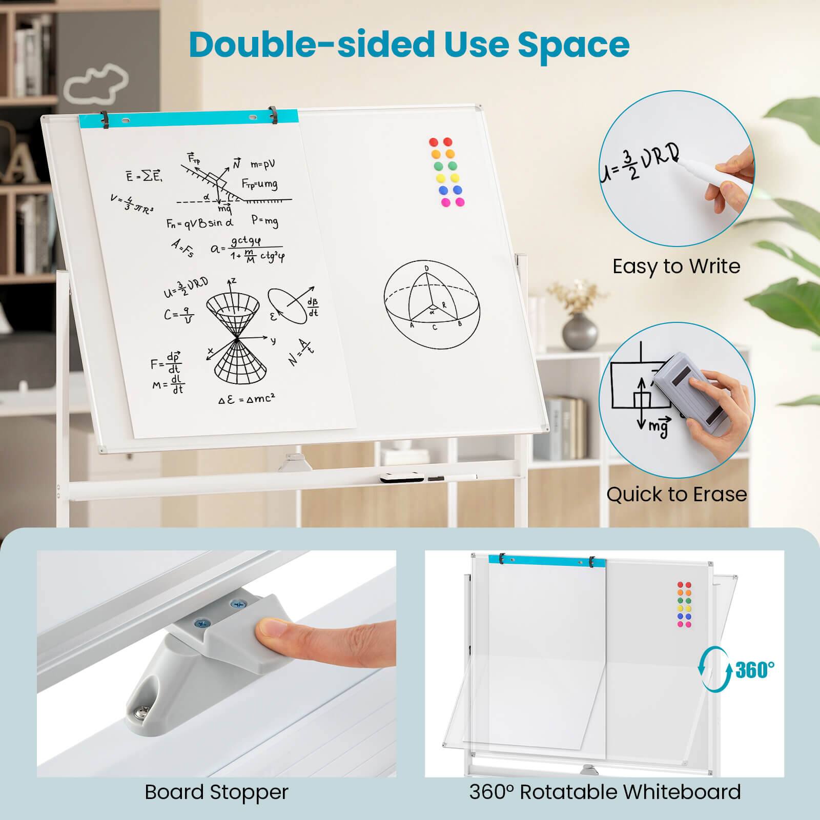 Double-sided Use Space

Easy to Write

Quick to Erase

360° Rotatable Whiteboard

Board Stopper
