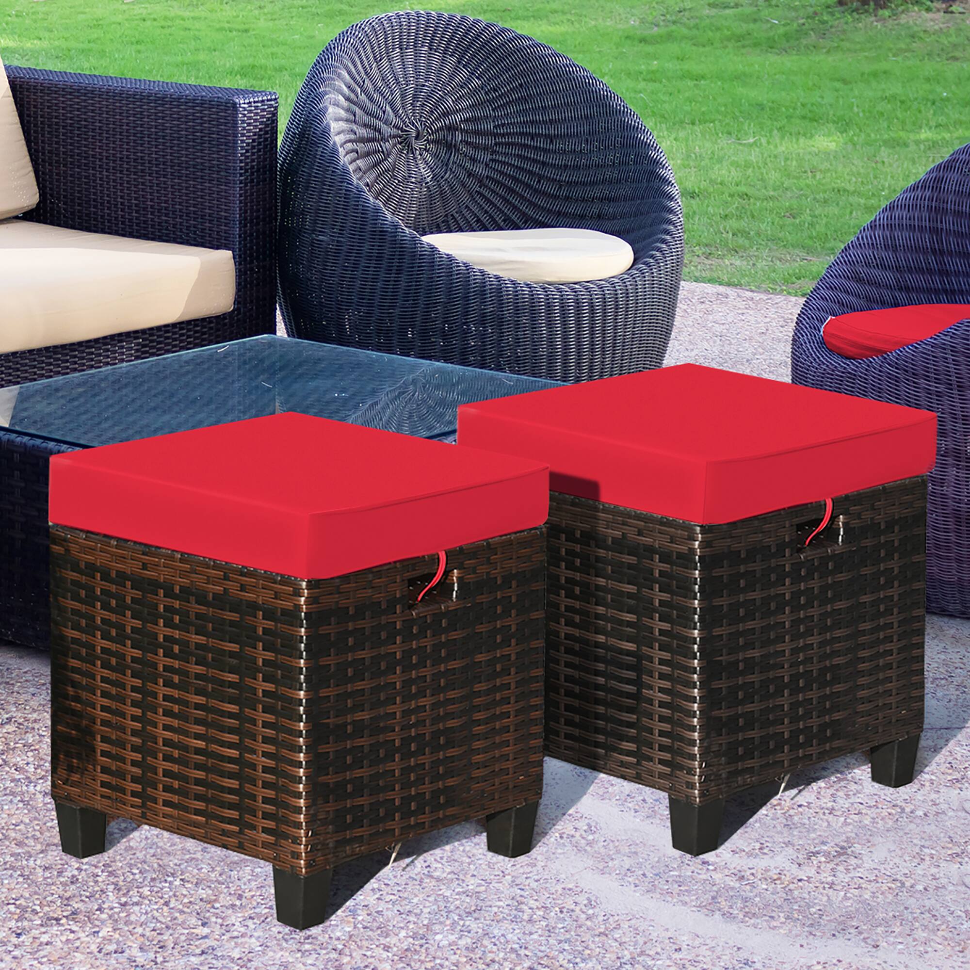 Alt View 1. Costway - 2PCS Patio Rattan Ottoman Cushioned Seat Foot Rest Coffee Table - Red.