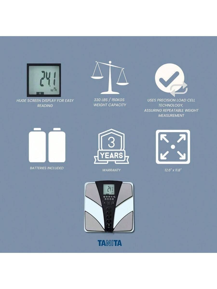 - 241 FAT % HUGE SCREEN DISPLAY FOR EASY READING
- 330 LBS / 150KGS WEIGHT CAPACITY
- USES PRECISION LOAD CELL TECHNOLOGY, ASSURING REPEATABLE WEIGHT MEASUREMENT
- 3 YEARS BATTERIES INCLUDED WARRANTY
- 12.6" x 11.8"
- TANITA