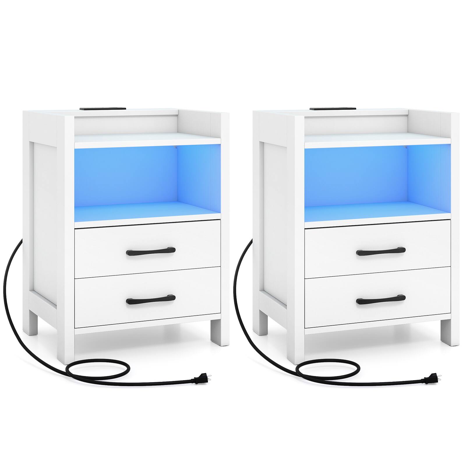Alt View 8. Gymax - Gymax 2PCS 23.5'' Nightstand w/LED Lights & Charging Station USB Port & Outlets - White.