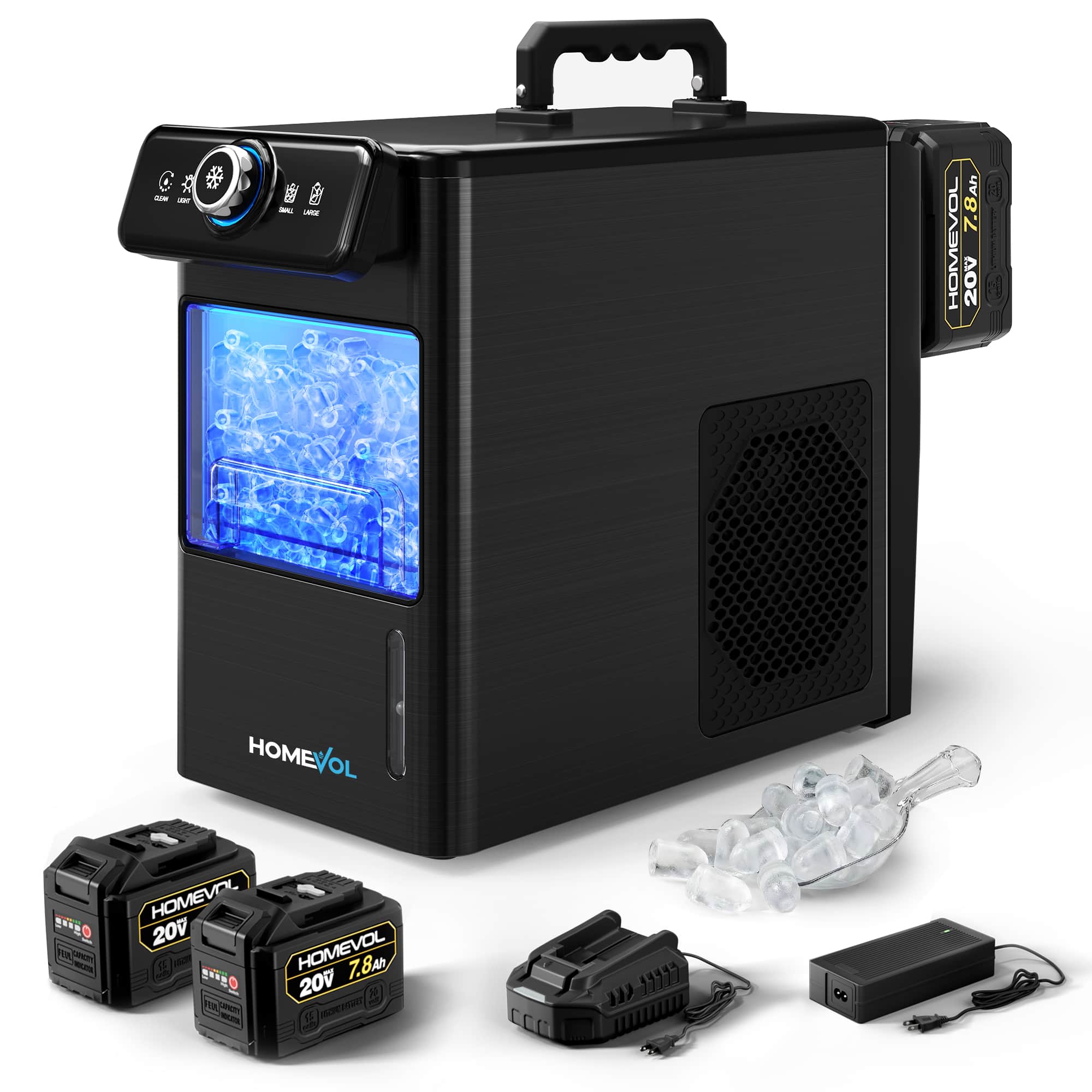 Homevol - Portable Ice Maker for Indoor & Outdoor Use, Battery Powered or Plug-in, 5.5H Runtime, Portable for Camping & RV - Black