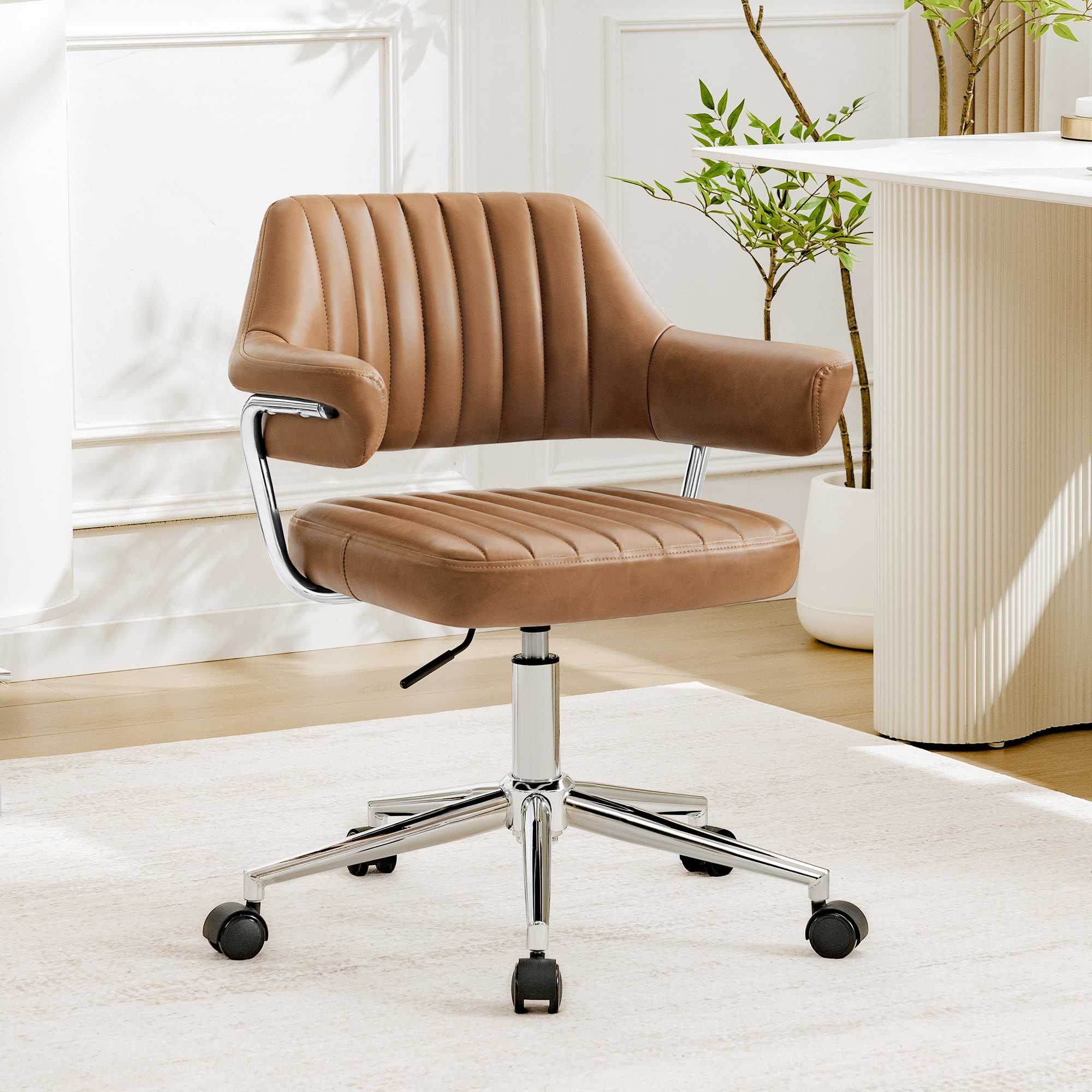 Brick Attic - Home Office Chair Swivel Leather Chair Vanity Rolling Adjustable Task Chair for Dresser Bedroom Living Room - Camel