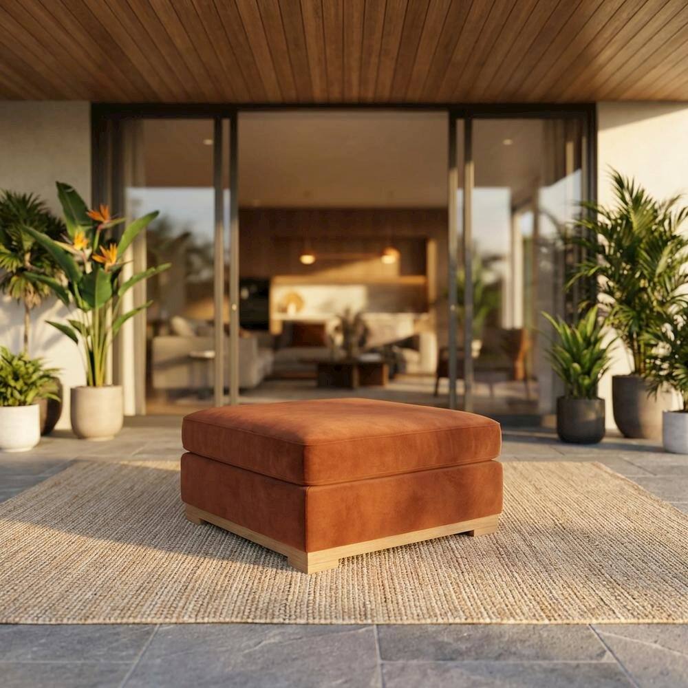 Angle. Outdoor Escape - Square Performance Velvet Ottoman In Neutral Color, Outdoor Spaces, 28-Inch Size - Brown.