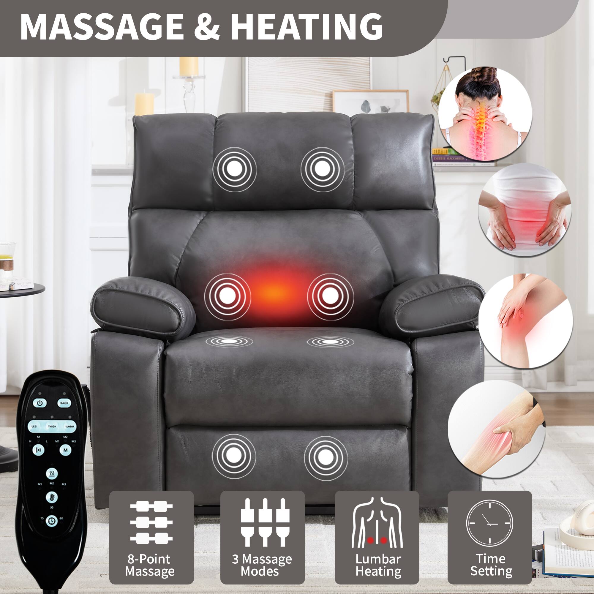 MASSAGE & HEATING

- 8-Point Massage
- 3 Massage Modes
- Lumbar Heating
- Time Setting