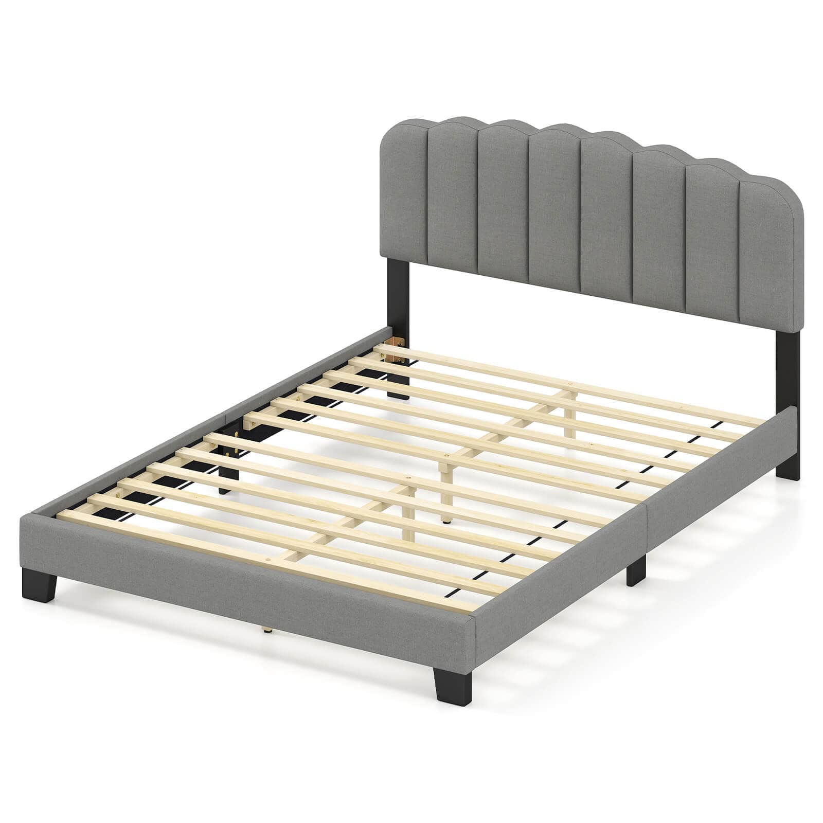 Costway - Queen Size Bed Frame Linen Upholstered Platform Bed with Wooden Slat Support - Gray