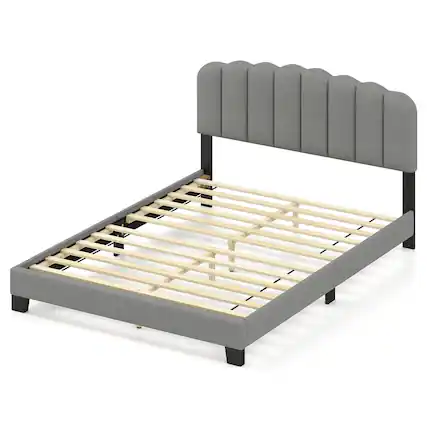 Front. Costway - Costway Queen Size Bed Frame Linen Upholstered Platform Bed with Wooden Slat Support - Gray.