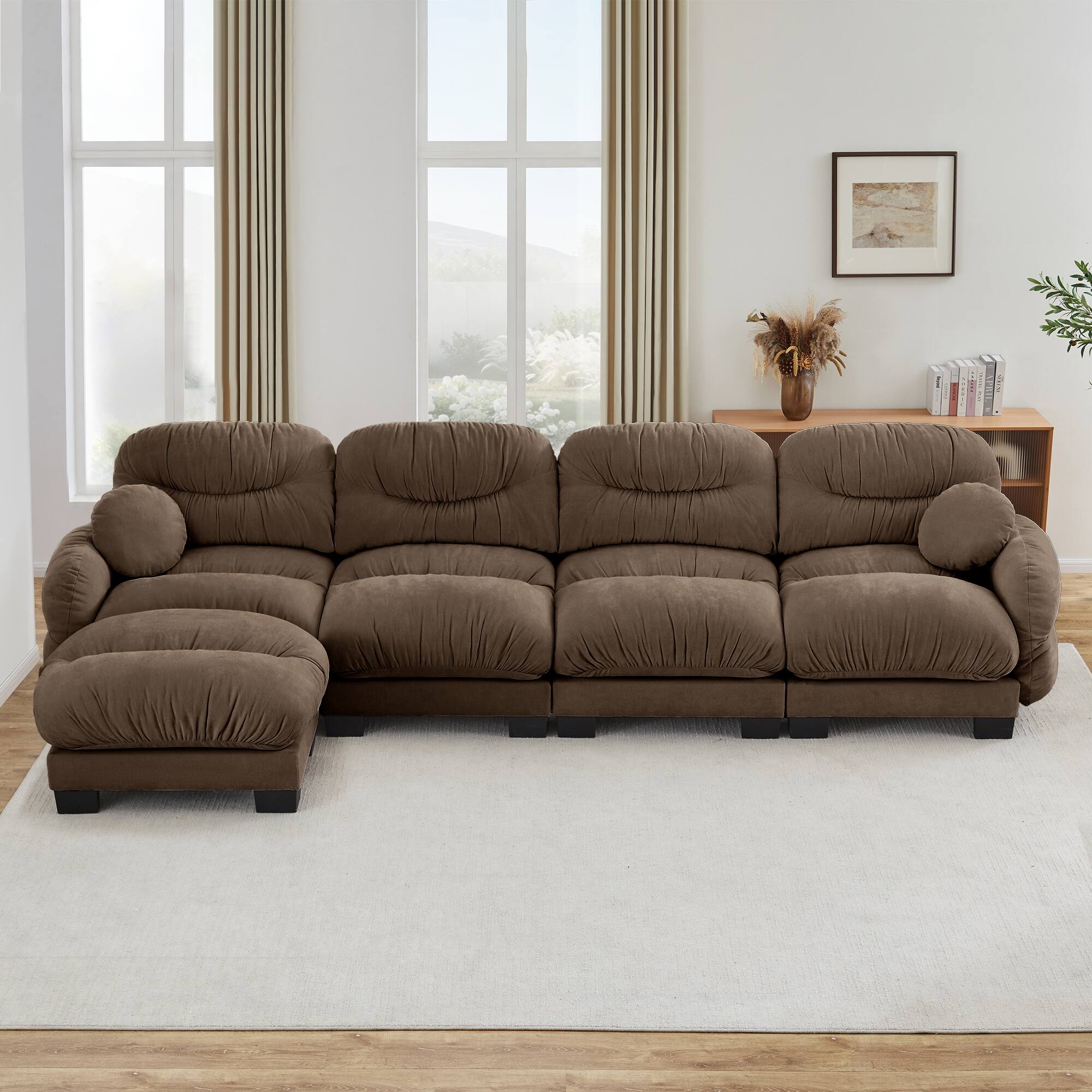 Left. Anysun - 4-Seater L Shape Sectional Couch with Ottoman, Chenille Fabric, High-Density Foam & Curved Armrests for Living Room - Brown.