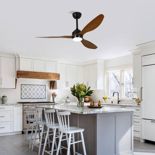 Angle. LUCKY ONE - 52" Ceiling Fan with Light Remote 3 ABS Blades 6-Speed DC Motor - Matte Black+Natural.