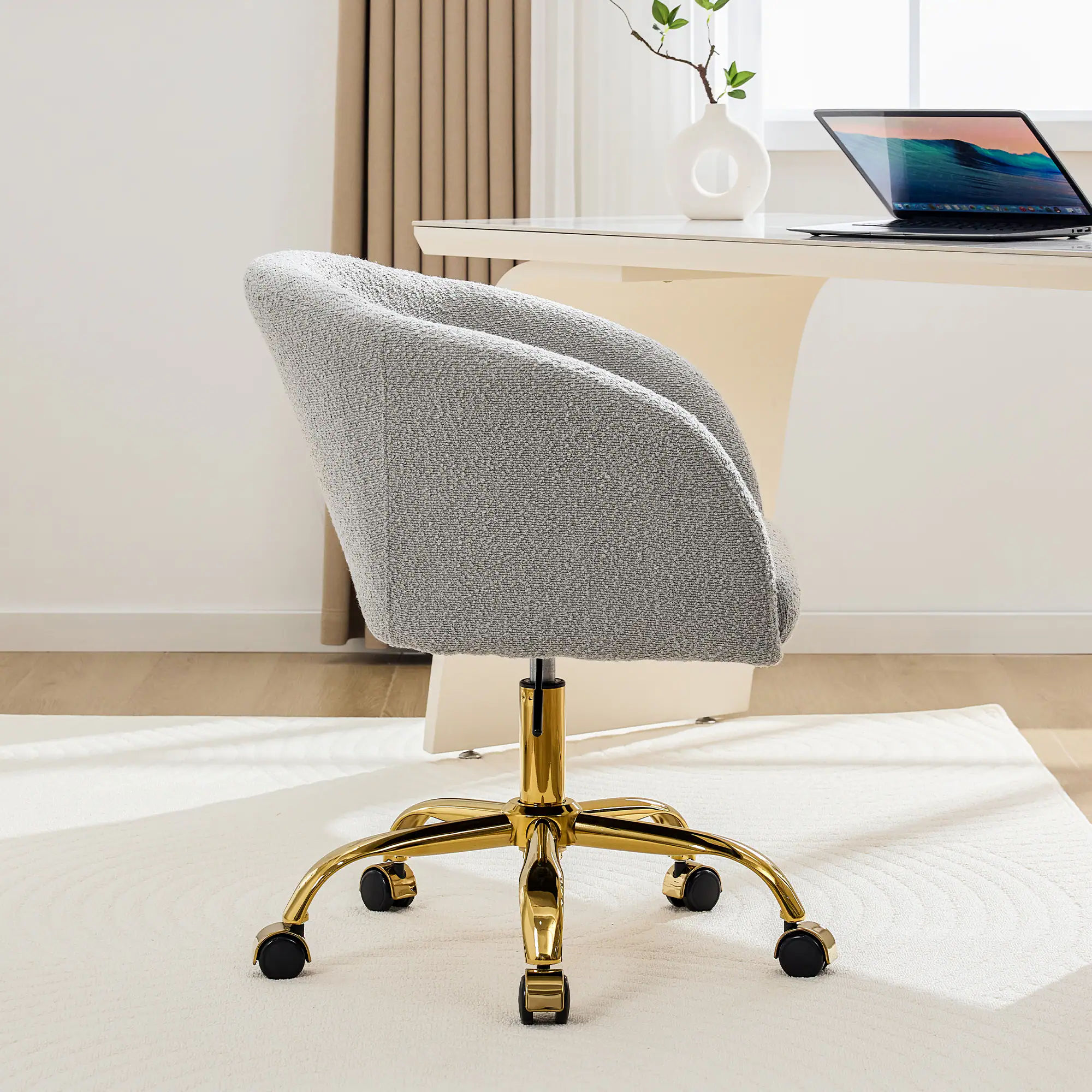 Alt View 2. KERDOM - Modern Vanity Chair with Back & Wheel, Swivel Rolling Home Office Armchair, Height Adjustable for Living Room, Bedroom - Grey.