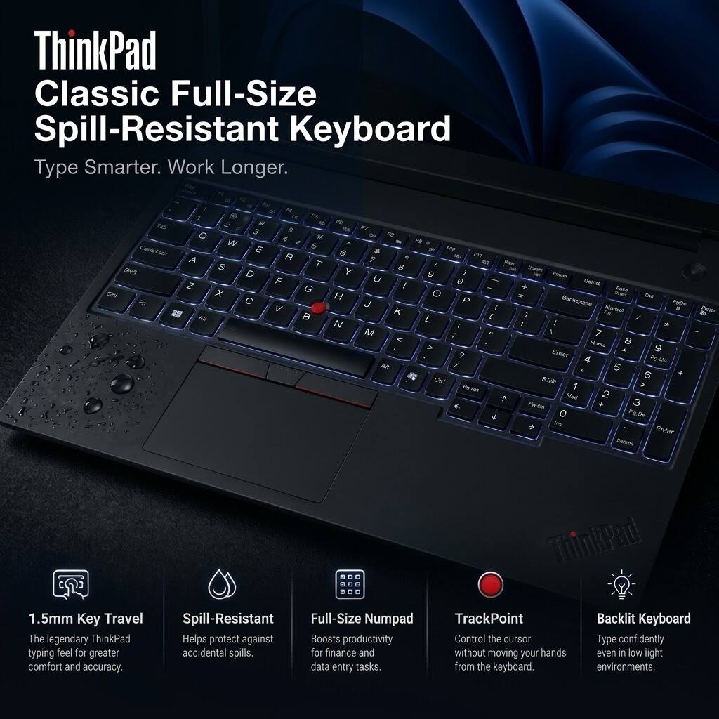 ThinkPad Classic Full-Size Spill-Resistant Keyboard  
Type Smarter. Work Longer.

da7 Caqula Loch SNB Gee Pe  
24 23 ! 34   LA P6 2 & 3 60 Q 4 % W 6 E 5 A R S T D F Z G X C V All  
P6 X7 QP FB A PB 10 6 5, DE 8:00 *    PER PACK 8 ( Sleash Y )  U 9 hous I 0 Oeless + Tota H O  Ticket Cro J P Backepace PqDa  Namal DE K ( ) In L / N 3 | * M \ 7 ; Home 8 V 9 ? Enter 4 An / 5 6 Cart Stills Non 1 Slad 2 3 0 P3.De Ins Enter Detess  
Page

1.5mm Key Travel  
The legendary ThinkPad typing feel for greater comfort and accuracy.  
Spill-Resistant Full-Size Numpad  
Helps protect against accidental spills. Boosts productivity for finance and data entry tasks.  
ThinkPad TrackPoint  
Backlit Keyboard  
Control