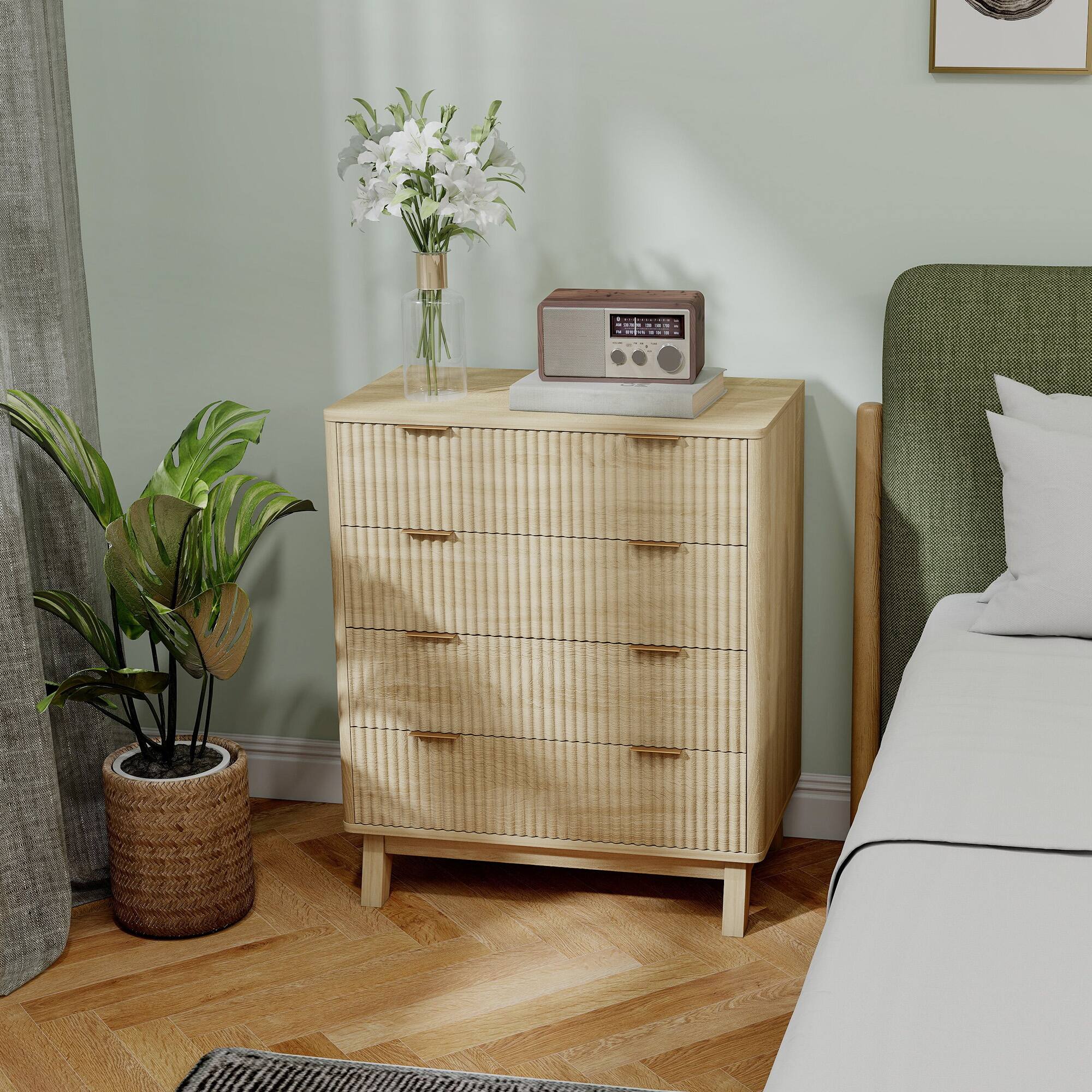 Alt View 1. Homcom - Fluted Dresser for Bedroom with 4 Drawers, 28" Wide Chest of Drawers with Gold Finger Pulls and 4 Wood Legs - Natural Wood.