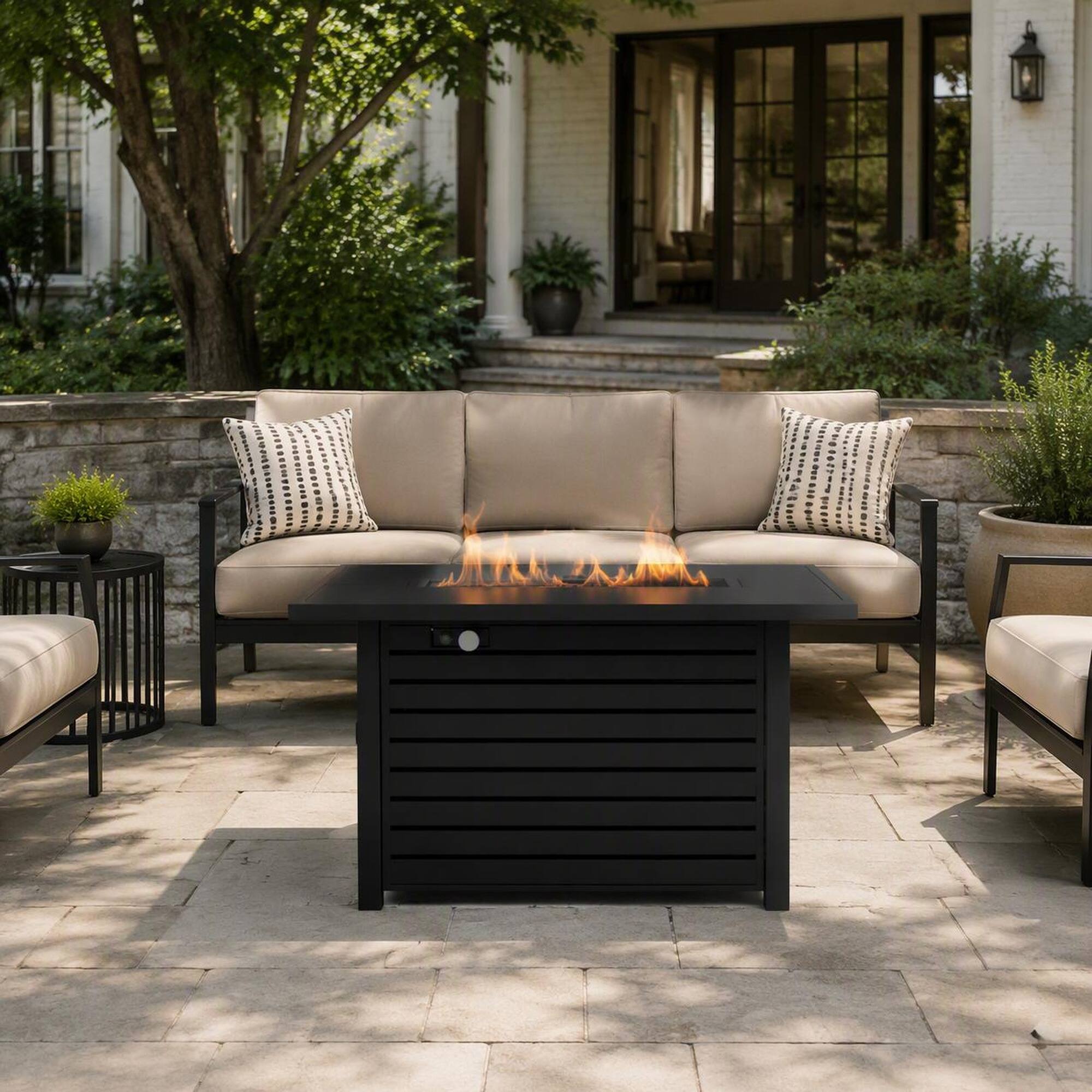 Angle. RYHNUYNE - Outdoor Fire Pit Table, 42"W x 20" H Black Steel Rectangular Patio Fire Table with Lid for Backyard Garden - Black.