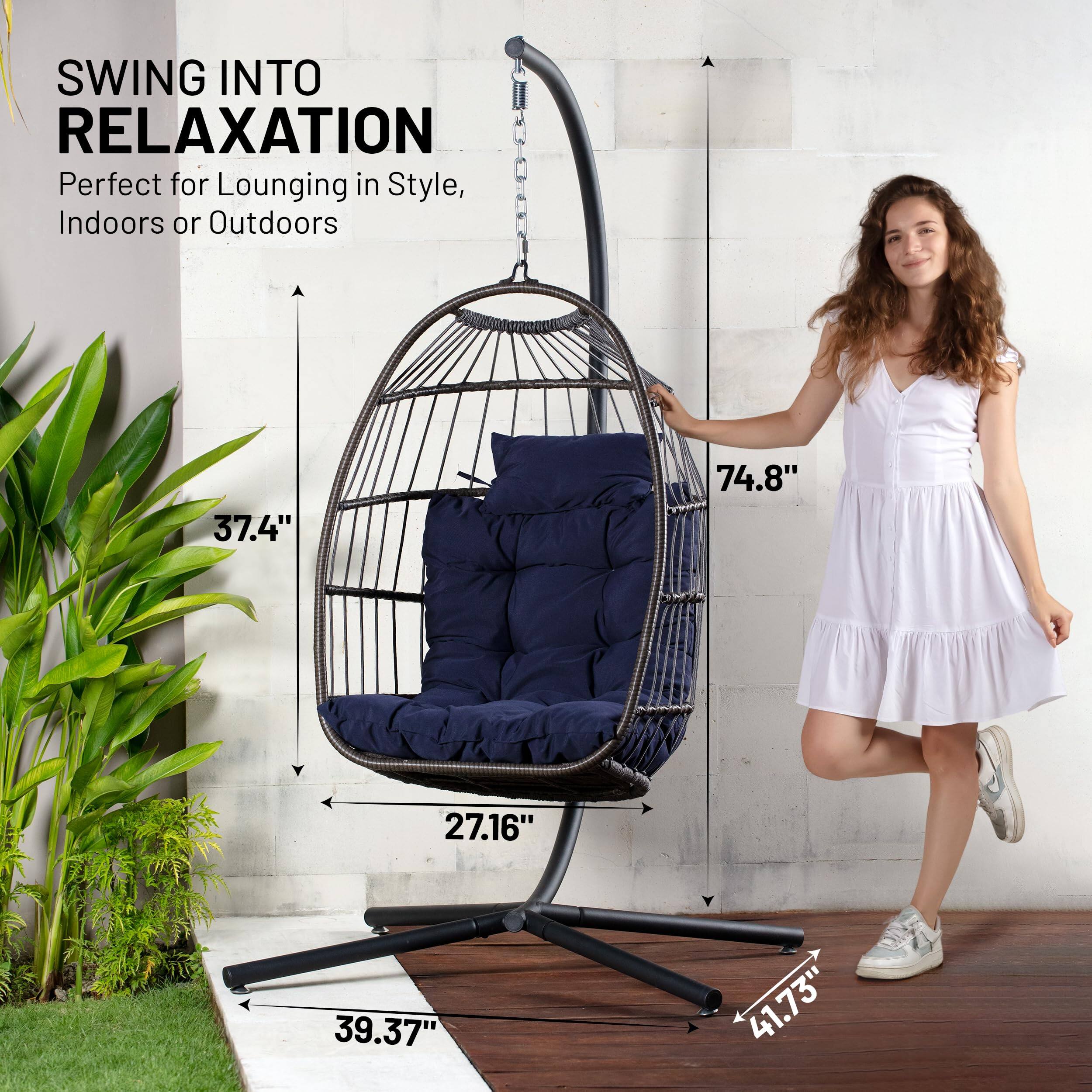 SWING INTO RELAXATION  
Perfect for Lounging in Style, Indoors or Outdoors  

37.4"  
74.8"  
27.16"  
39.37"  
41.73"