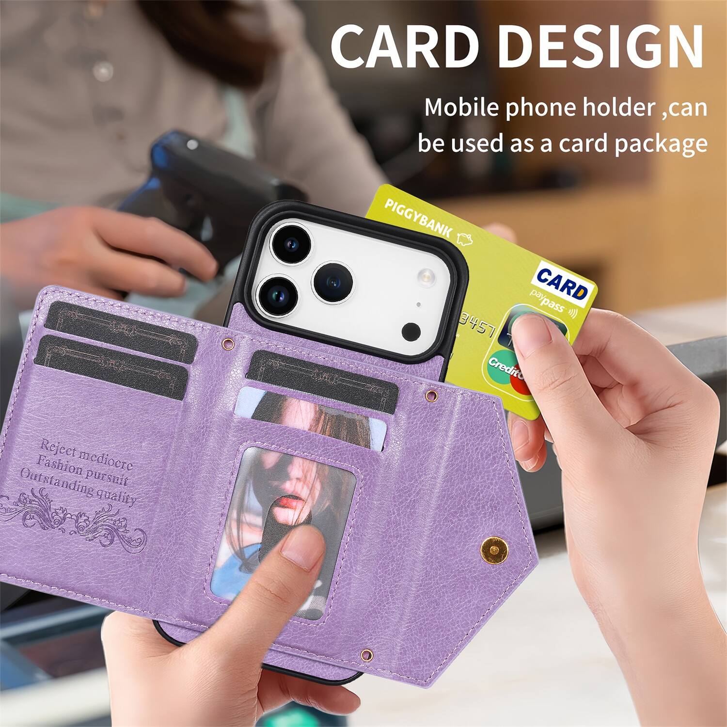 CARD DESIGN  
Mobile phone holder, can be used as a card package  

PIGGYBANK  
paypass pay CARD  
3457  
Credito  

Reject mediocre  
Fashion pursuit  
Outstanding quality